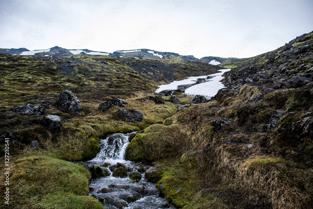 Landscape Iceland green grass snow Waterfall