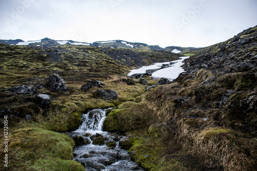 Landscape Iceland green grass snow Waterfall