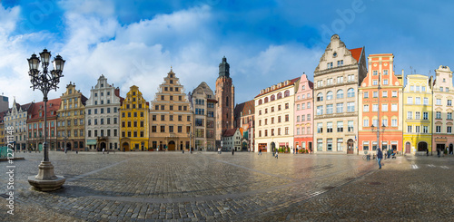 64 mpx Panoramic view of architecture medieval facades Market Square, one of the largest medieval squares in Europe. Wroclaw, Poland. EU.