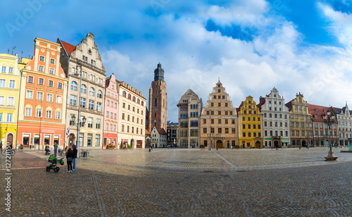 53 mpx Panoramic view of architecture medieval facades Market Square, one of the largest medieval squares in Europe. Wroclaw, Poland. EU.