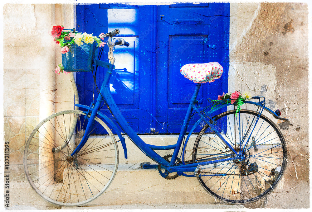 charming floral street decoration with old bike. Retro picture