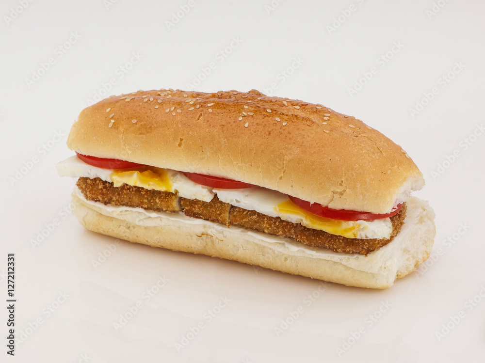 hamburger with cutlet and egg on a white background with reflection hamburger with cutlet and egg on a white background with reflection
