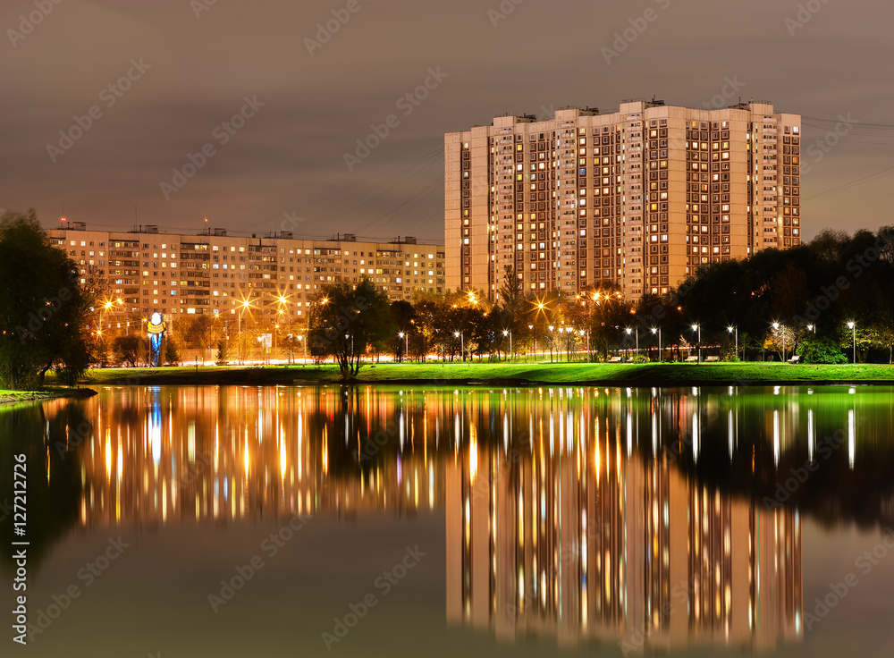 Altufievo district in Moscow night reflections background