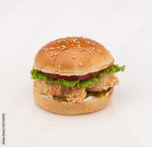 cheeseburger with a chicken on a white background with shadow closeup