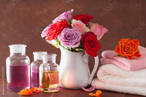 essential oil and rose flowers aromatherapy spa perfumery