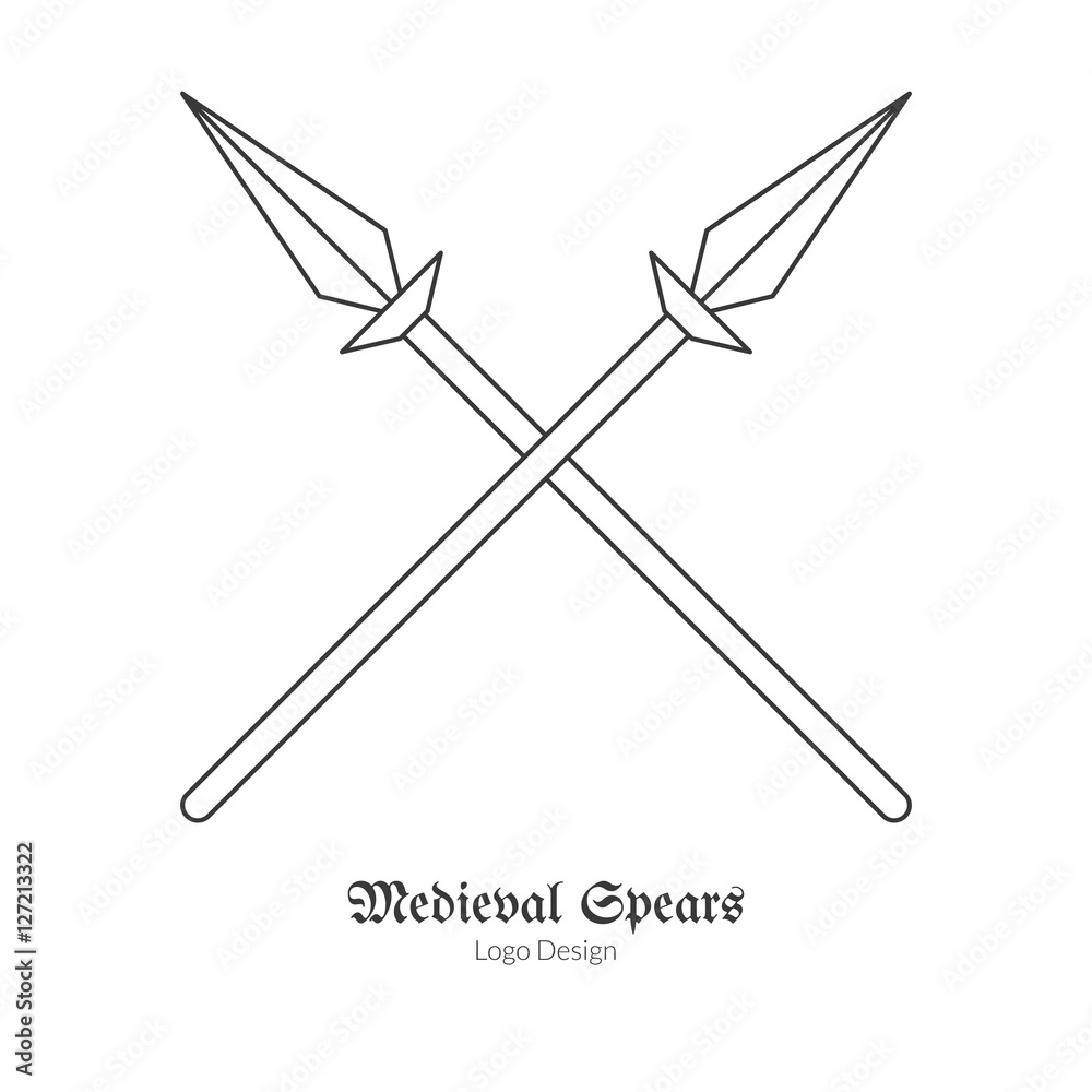 Medieval crossed spears, lances. Single logo in modern thin line