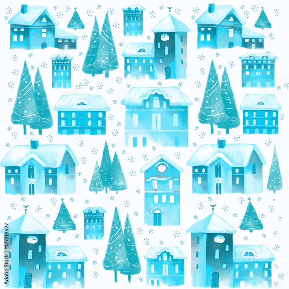 Christmas seamless pattern with houses and trees