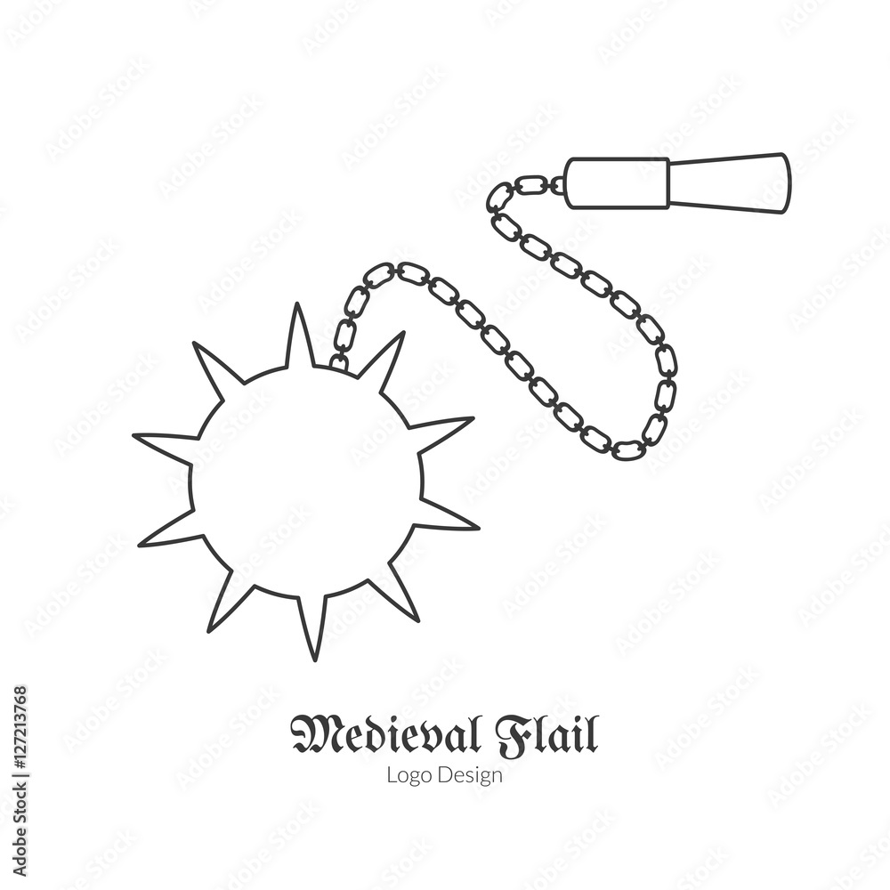 Medieval flail, mace. Morning star. Single logo in modern thin line
