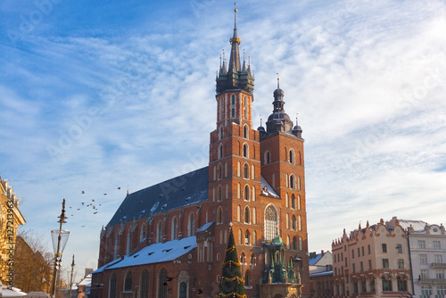 Mariatsky church in Krakow in sunny winter day, Poland