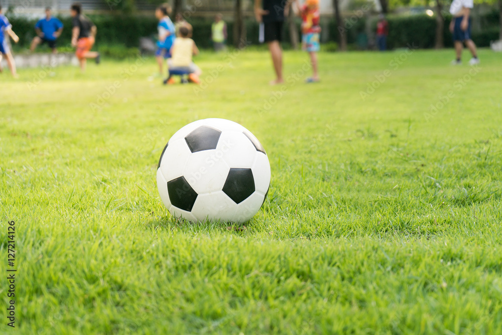 Close up of an soccer ball on the field, players in the backgrou Close up of an soccer ball on the field, players in the backgrou