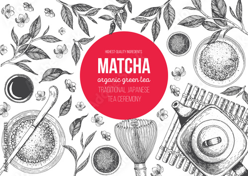 Vector illustration frame for Tea Shop. Japanese traditions of tea ceremony. Matcha tea. Vintage elements for design. Vector Illustration.