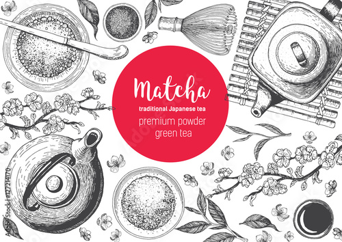 Vector illustration frame for Tea Shop. Japanese traditions of tea ceremony. Matcha tea. Vintage elements for design. Vector Illustration.