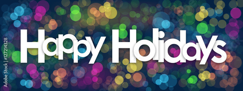 "HAPPY HOLIDAYS" Banner with Colourful Bokeh Lights Background
