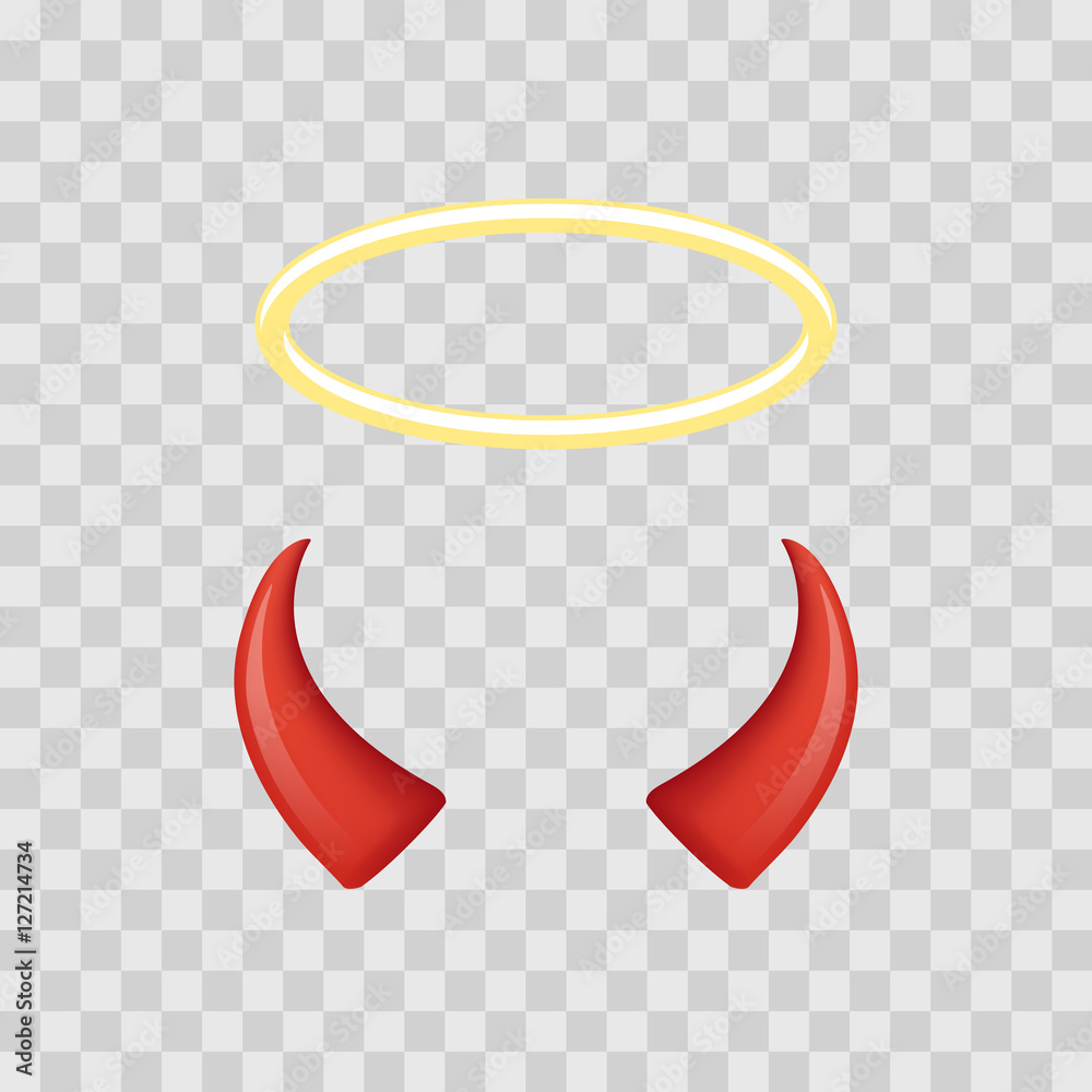 Angel halo and devil horns isolated on transparent checkered background