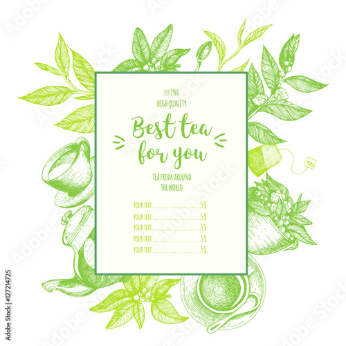 Vector illustration for tea shop. Tea frame illustration. Menu label with teapot, cup, tea leaves . Linear graphic.