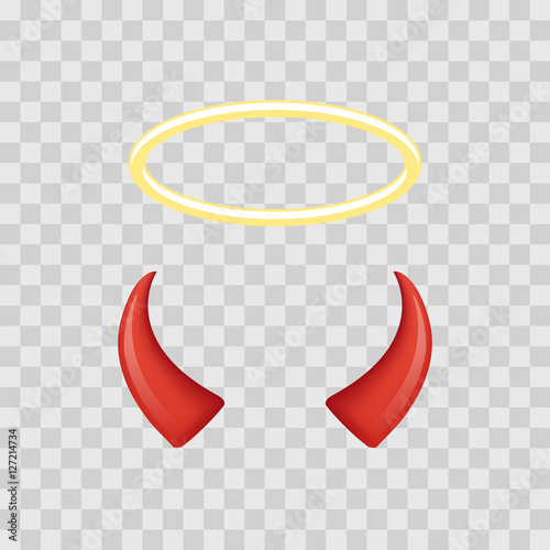 Angel halo and devil horns isolated on transparent checkered background. Vector illustration.