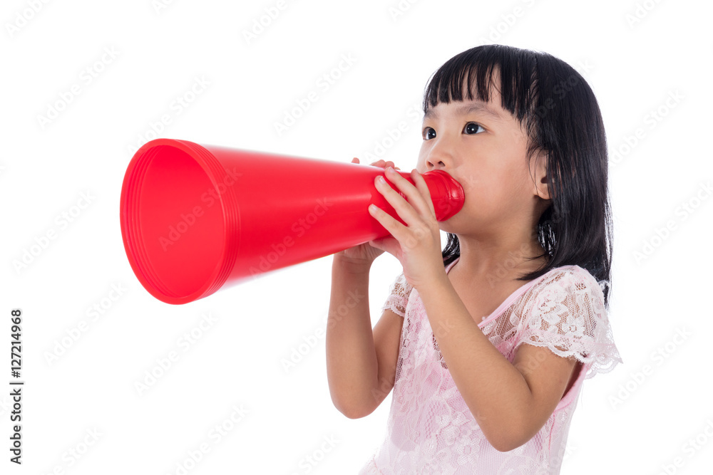 Asian Chinese little girl shouting with retro loudspeaker Asian Chinese little girl shouting with retro loudspeaker