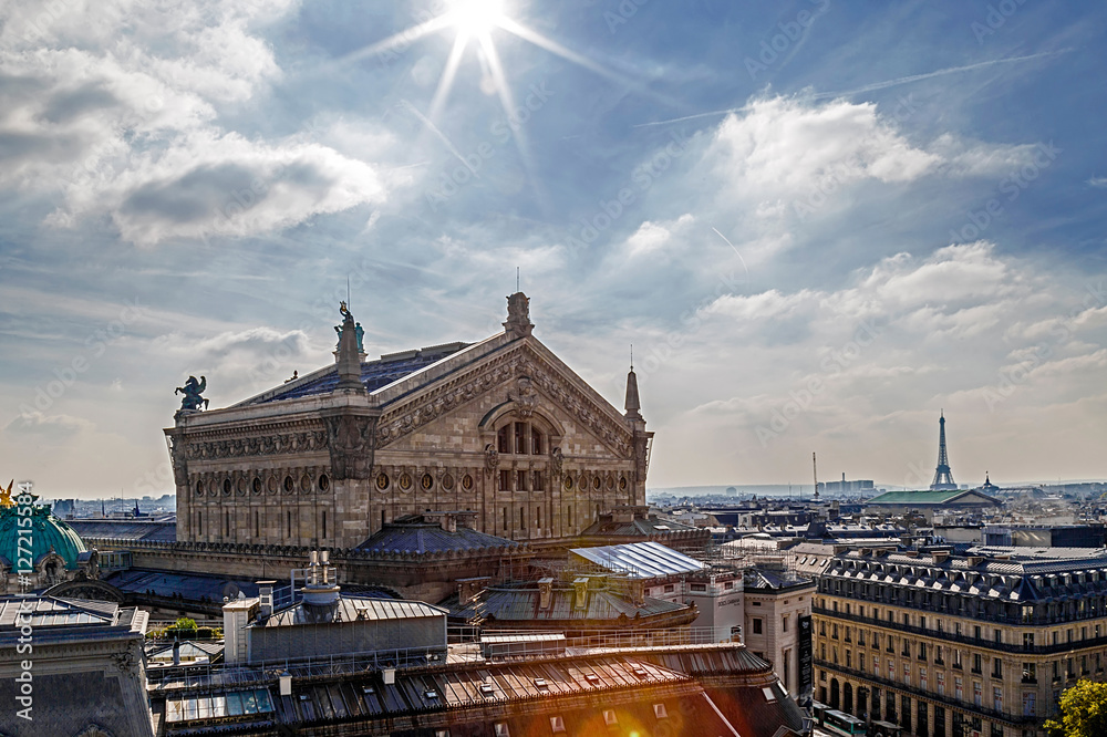 Aerial view with rooftop in Paris. Opera Garnier building