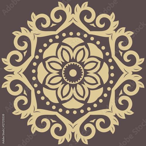 Oriental round pattern with arabesques and floral elements. Traditional classic ornament. Brown and golden pattern