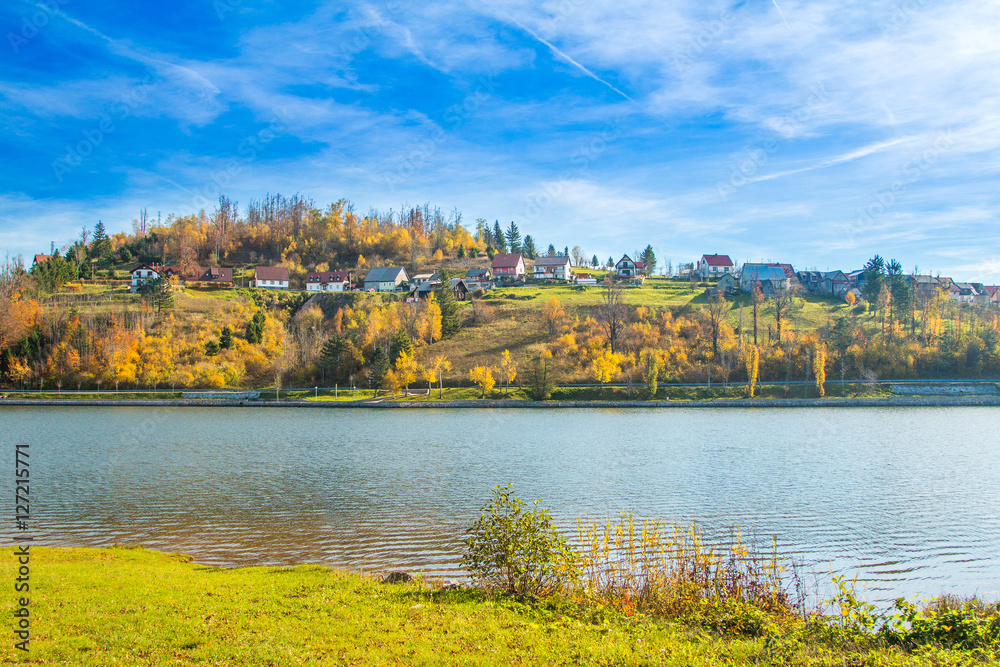      Beautiful town of Fuzine on Lake Bajer, Gorski kotar, Croatia, in autumn 