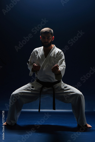 Karate man in a kimono in fighting stance on a blue background © amixstudio