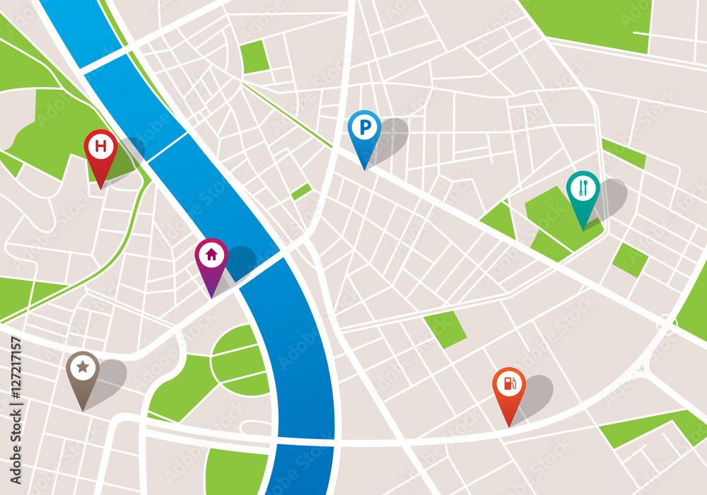 Fototapeta premium City navigation map with pins