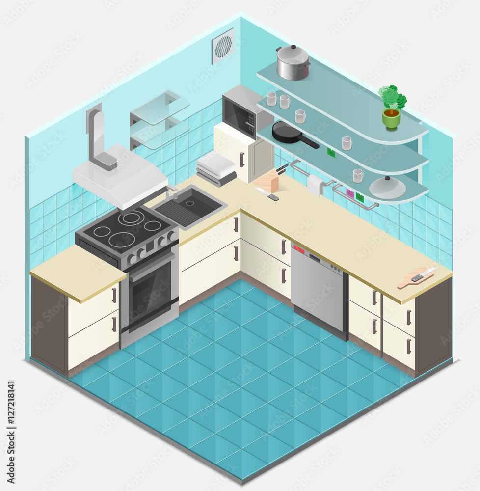 Kitchen Interior Isometric Template