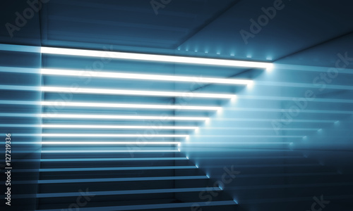 Dark blue interior with stripes of lights 3d