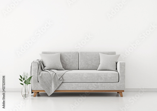 Interior with sofa, plants and plaid on empty white wall background. 3D rendering.