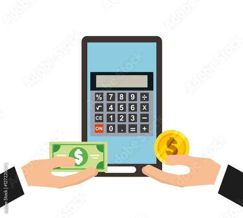 calculator device and human hands holding a money bills and coins over white background. tax design. vector illustration