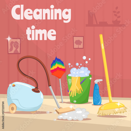 Cleaning tools and equipment with cartoon mop, bucket and vacuum cleaner illustration vector background.
