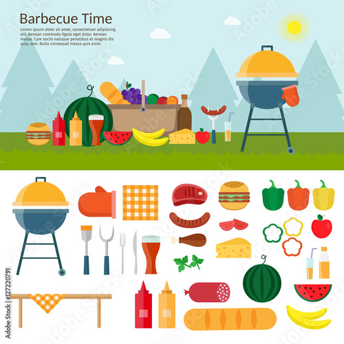 Fruit with wine  barbecue grill  watermelon on the grass  bbq. Summer picnic on meadow under sky set vector background.