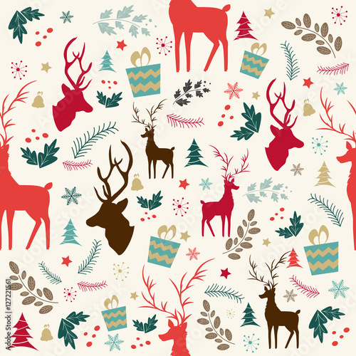 Happy New Year and Merry Christmas vector card with happy funny holiday Santa Claus pattern deer antlers.
