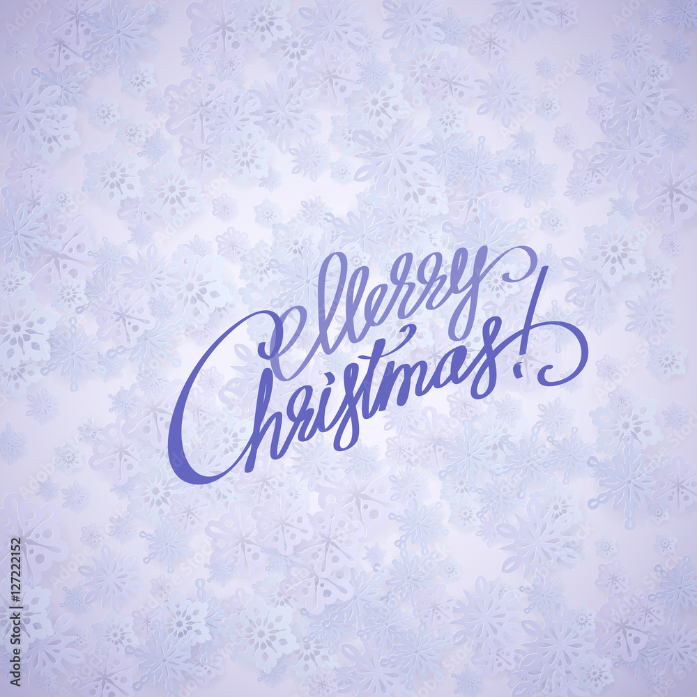 Merry christmas handwritten text on background with snowflakes