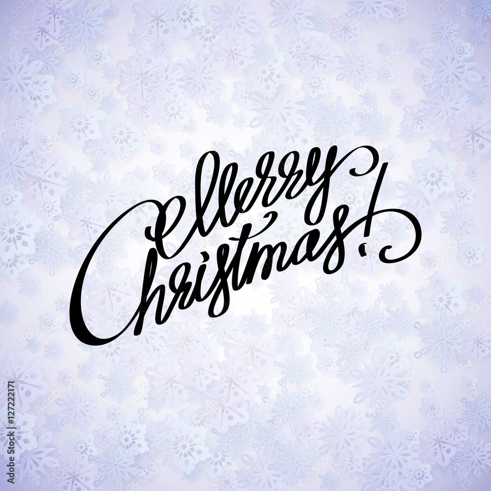 Merry christmas handwritten text on background with snowflakes