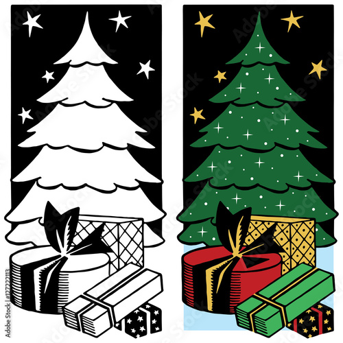 Christmas tree surrounded by wrapped presents and gifts