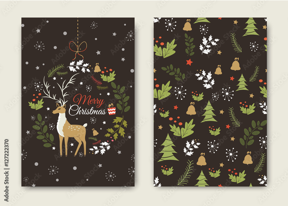 Fototapeta premium Happy New Year and Merry Christmas vector card with funny Santa Claus Deer.