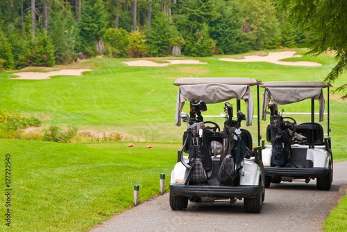 Two golf carts over beautiful green.