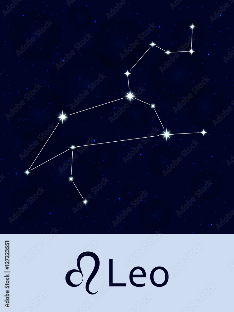 Zodiac sign Leo. Horoscope constellation star. Abstract space night sky background with stars and bokeh at the back. Vector illustration. Good for mobile applications, astrology, science template.