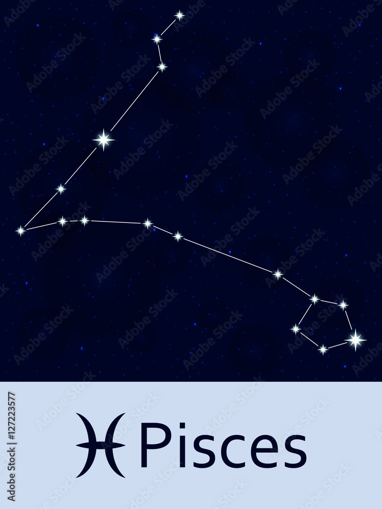 Zodiac sign Pisces. Horoscope constellation star. Abstract space night sky background with stars and bokeh at the back. Vector illustration. Good for mobile applications, astrology, science template.
