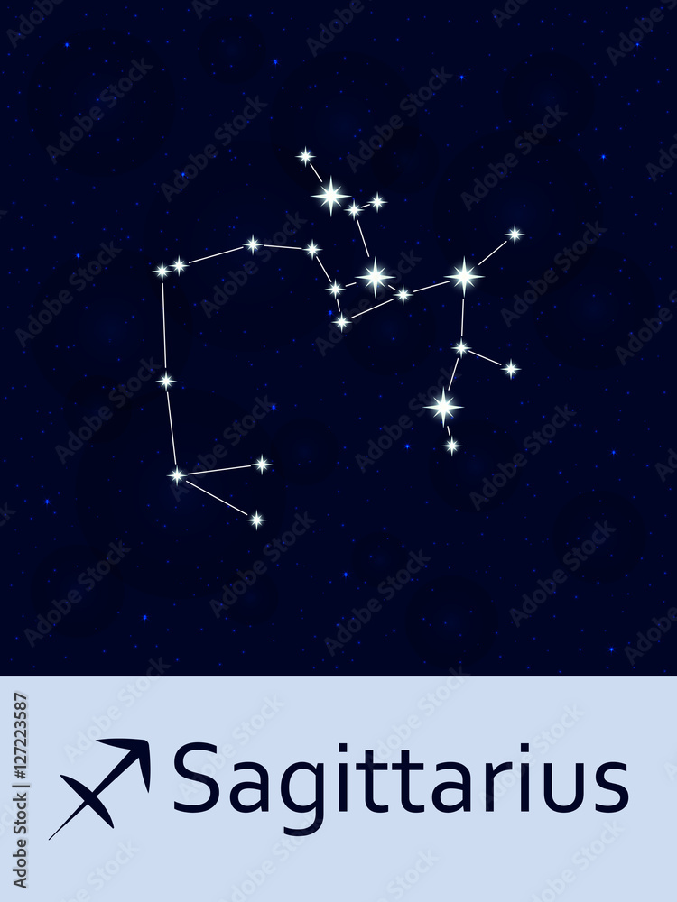 Zodiac sign Sagittarius. Horoscope constellation star. Abstract space night sky background with stars and bokeh at the back. Vector illustration. Good for mobile applications, astrology