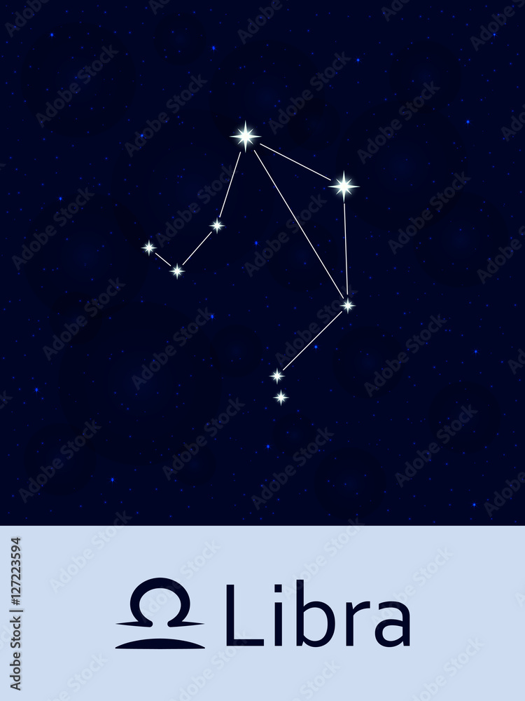Zodiac sign Libra. Horoscope constellation star. Abstract space night sky background with stars and bokeh at the back. Vector illustration. Good for mobile applications, astrology, science template.