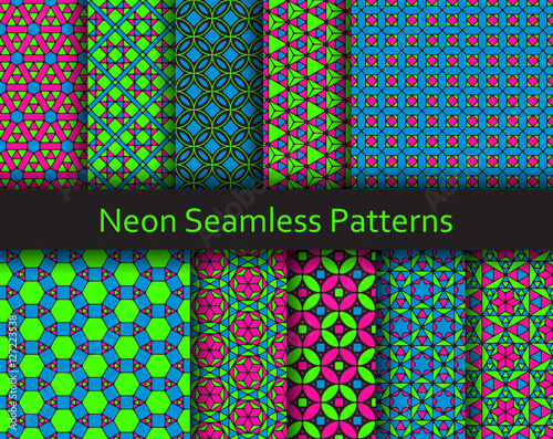 Neon seamless patterns. Fluorescent Lime, Pink and Blue colors. Vector illustration.