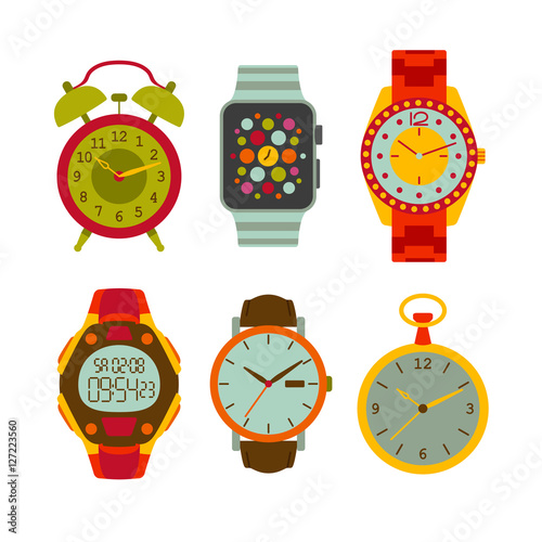 Watches flat set. Colorful vector illustration.
