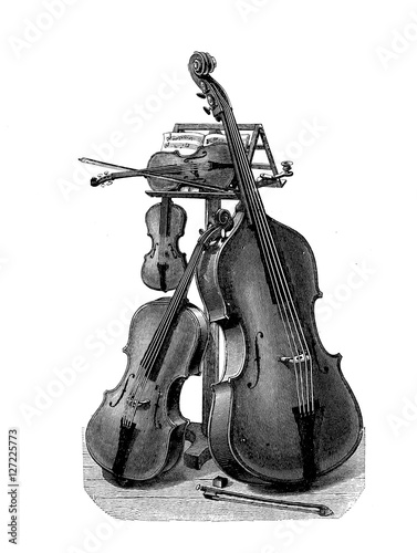 Принти на полотні Musical night with a string quartet, vintage engraving