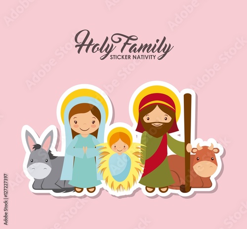 holy family characters. virgin mary with saint joseph and baby jesus. stickers nativity design. vector illustration