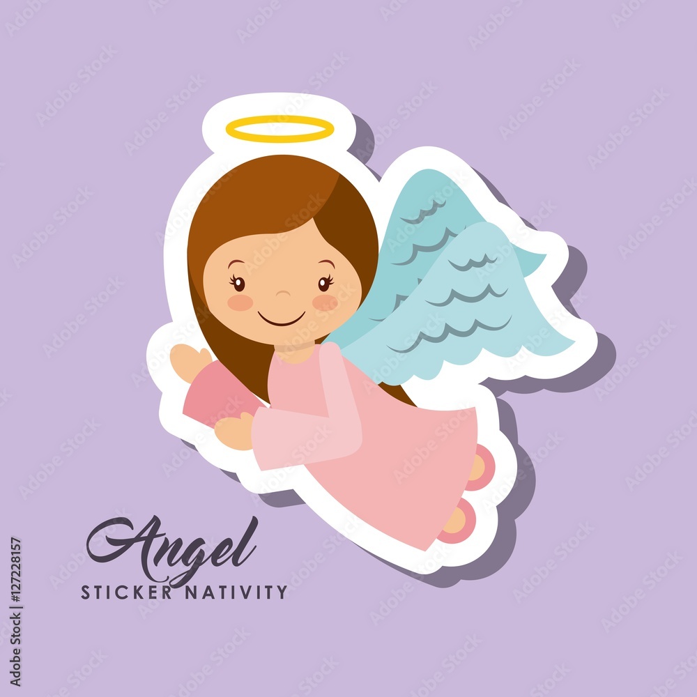 cartoon cute angel character over purple background. sticker nativity design. vector illustration cartoon cute angel character over purple background. sticker nativity design. vector illustration