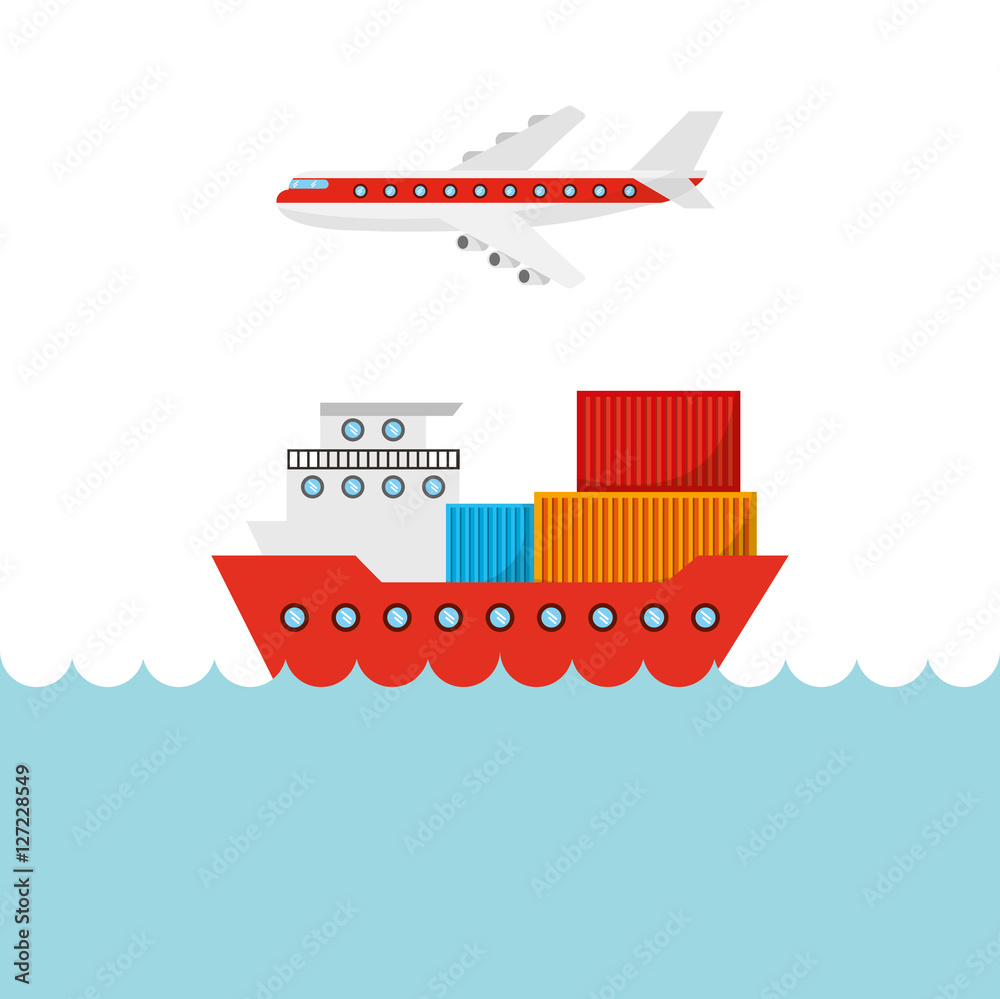 big cargo ship and airplane flying. import and export design. vector illustration