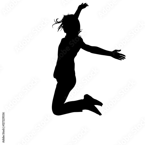 Silhouette young girl jumping with hands up, motion. Vector illustration