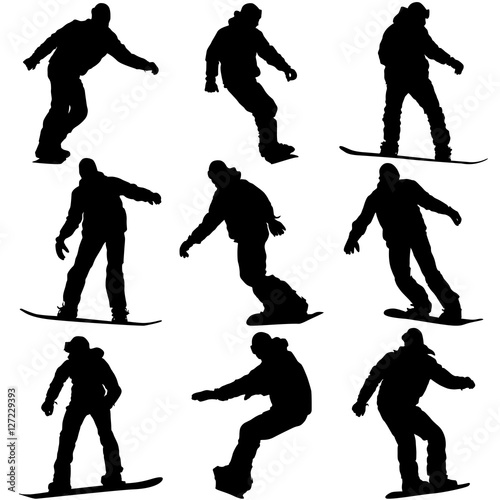 Set black silhouettes snowboarders on white background. Vector